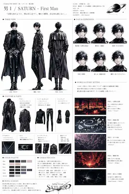 黒いロングコートを着たFalling Through Saturnの男1・クールで都会的な男性キャラクター設定シート