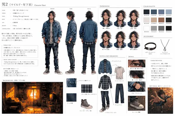 デニムジャケットを着たFalling Through Saturnの男2・穏やかで優しい男性キャラクター設定シート