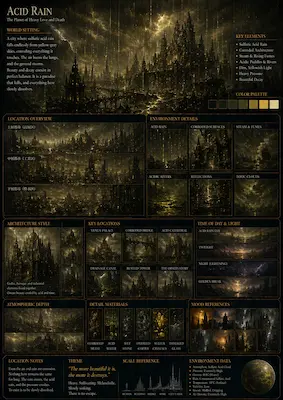 Acid Rainの世界設定シート。腐食する雨と建築を描いた資料
