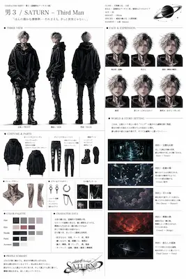 黒いフーディーとタトゥー姿のFalling Through Saturnの男3・衝動的な男性キャラクター設定シート
