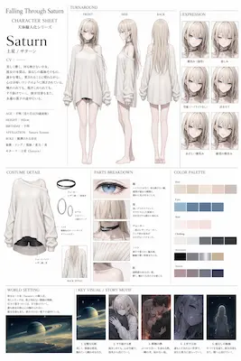 白いオーバーサイズニットと淡い髪、青い瞳を持つ土星擬人化キャラクターSaturnの設定シート