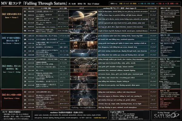 Falling Through Saturnの全26カットを起承転結と色彩変化で整理したMV絵コンテ