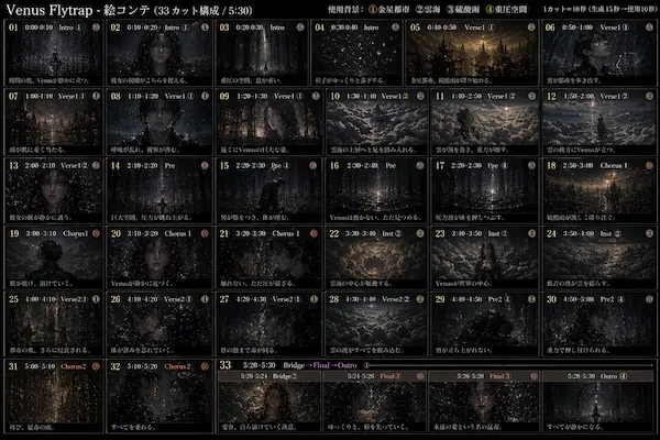 『Venus Flytrap』MVの33カット構成をまとめた絵コンテ