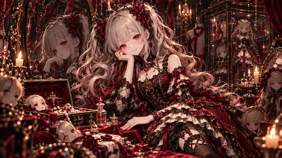 人形や鏡に囲まれたMonetが静かな笑みを浮かべるV2強欲のイラスト