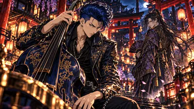 ウッドベースを抱えたLeviが夜の旧市街で比較対象を鋭く見据えるV2挿絵