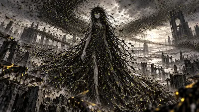 黒い群れと一体化した異形のBeelが、喰い尽くされた白い世界に立つV2大食の挿絵。