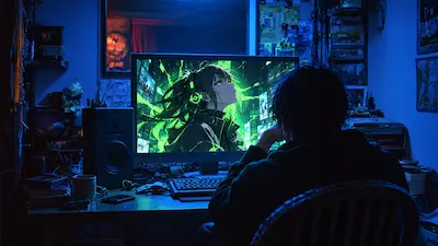 普通の部屋のPC画面だけにVaniの電脳世界が映る、アバターの外側を表した挿絵