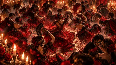 赤い薔薇と仮面が舞う夜の舞踏会で、理性を忘れて踊る色欲を表現したV1挿絵