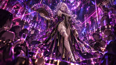 90年代風の極彩色クラブで羽扇子を手にフロアを支配するCarmillaのV2挿絵