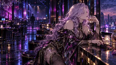 夜明け前の静かなクラブでグラスを手に、予定どおりの誘惑に退屈するCarmilla