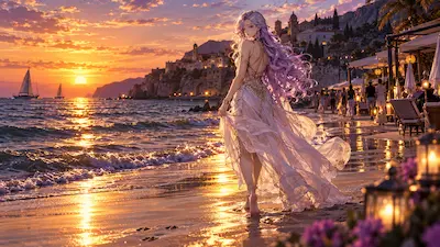 黄金色の夕暮れの海辺を歩くCarmillaを描いたスピンオフ曲Mar de Oroの挿絵