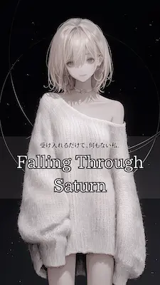 白いニット姿の土星擬人化キャラクターと「受け入れるだけで、何もない私。」のコピーを描いたFalling Through Saturn縦型サムネイル