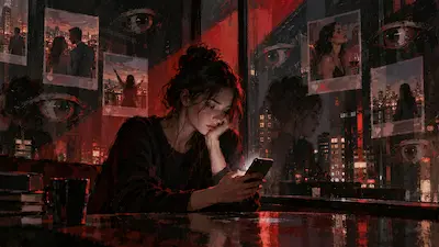 夜の旧市街で他人との距離と比較の痛みを表した、V1嫉妬のイメージ挿絵