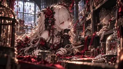 閉じたはさみを手に見知らぬ存在を静かに見つめるMonetのV2.5挿絵