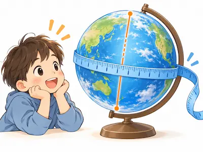 地球儀の直径と円周を測って円周率を考える子どものイラスト