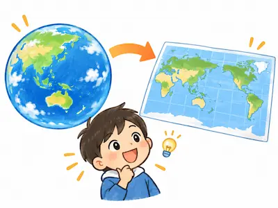 丸い地球を平らな世界地図に表すことを考える子どものイラスト