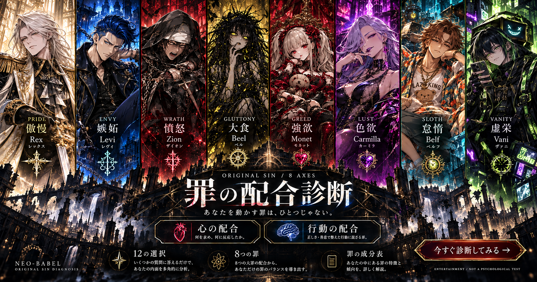 傲慢・嫉妬・憤怒・大食・強欲・色欲・怠惰・虚栄の8つの原罪キャラクターを描いた「罪の配合診断」のキービジュアル