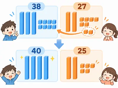 38+27を40+25に変える積み木のイメージ